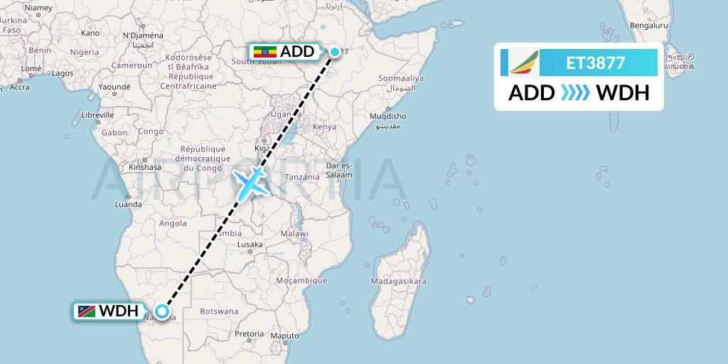 ET3877 Ethiopian Airlines Flight Map: Addis Ababa to Windhoek