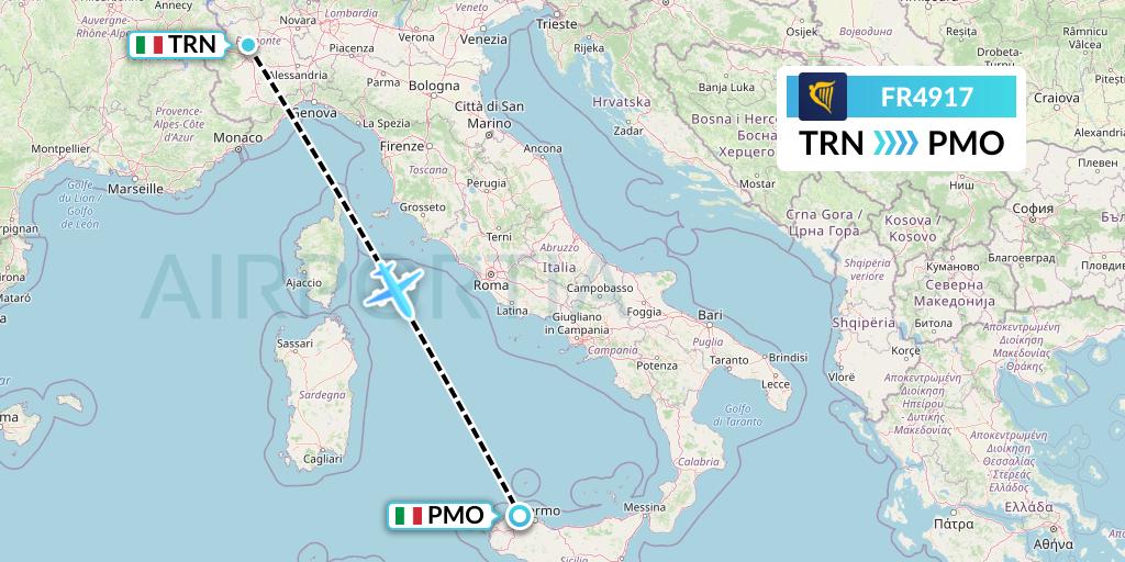 FR4917 Ryanair Flight Map: Turin to Palermo