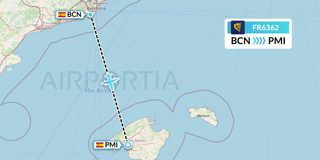 FR6362 Ryanair Flight Map: Barcelona to Palma de Mallorca