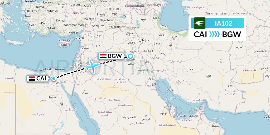 IA102 Iraqi Airways Flight Map: Cairo to Baghdad