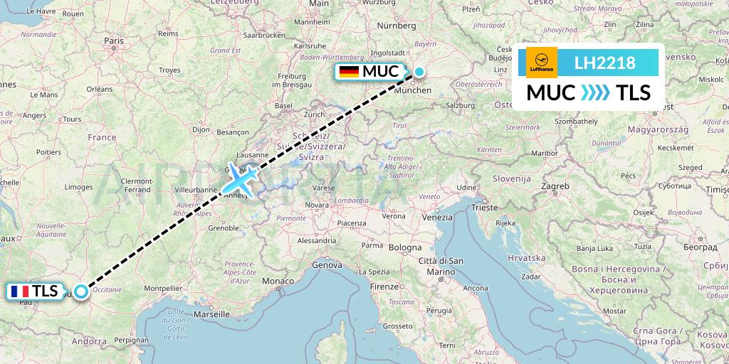 LH2218 Lufthansa Flight Map: Munich to Toulouse