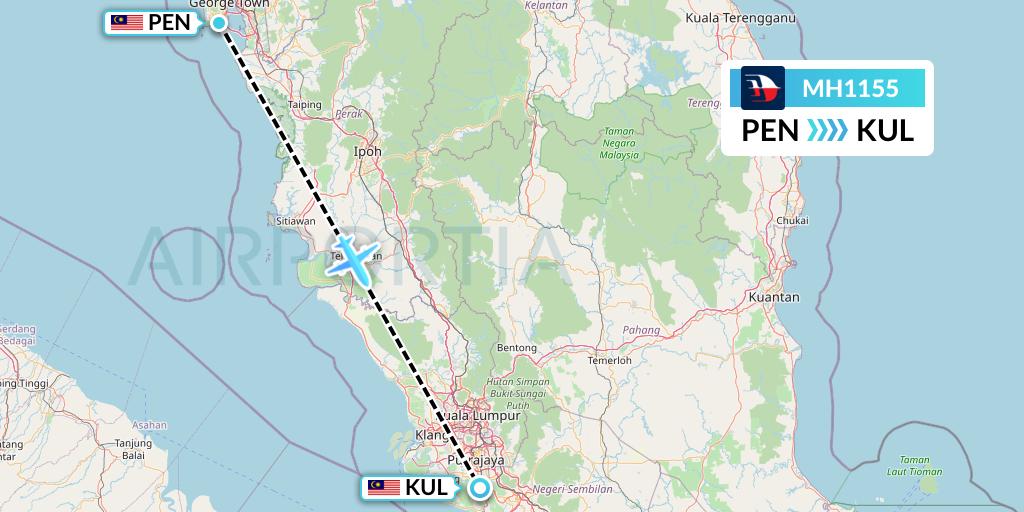 MH1155 Malaysia Airlines Flight Map: Penang to Kuala Lumpur