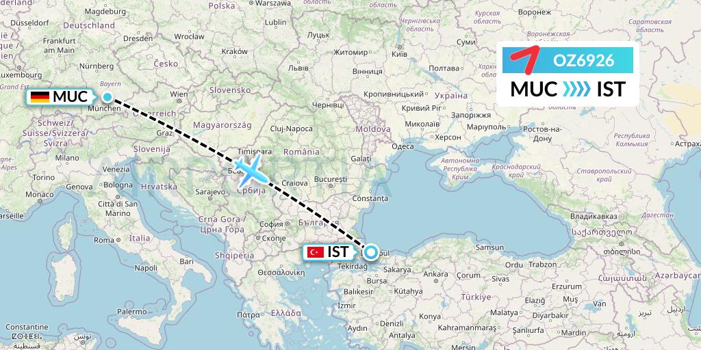 OZ6926 Asiana Airlines Flight Map: Munich to Istanbul