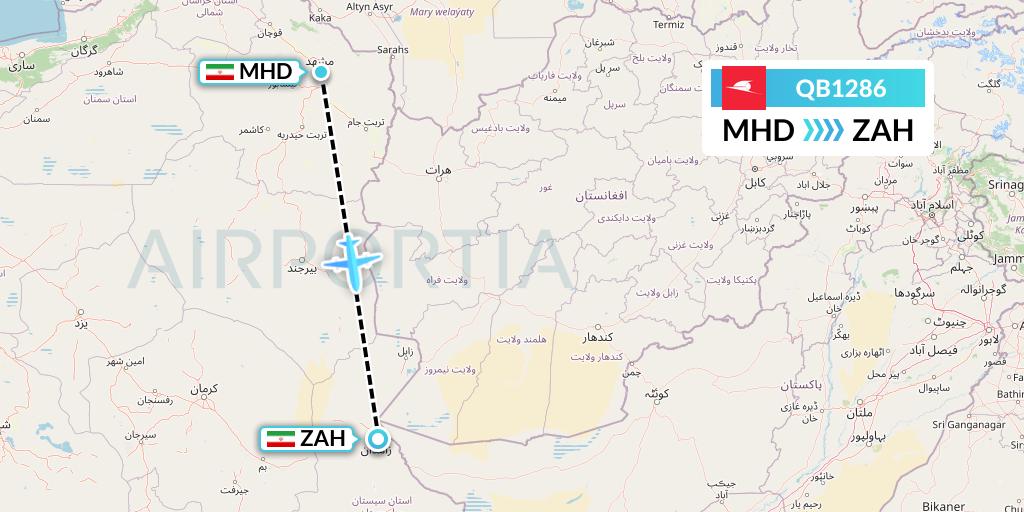 QB1286 Qeshm Airlines Flight Map: Mashhad to Zahedan