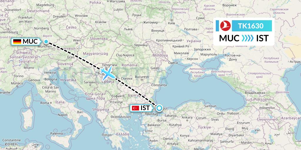 TK1630 Turkish Airlines Flight Map: Munich to Istanbul