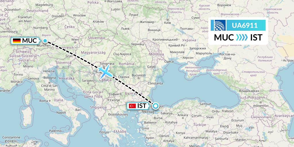 UA6911 United Airlines Flight Map: Munich to Istanbul