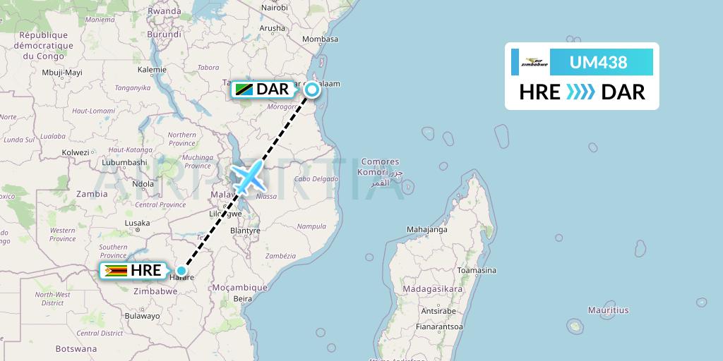 UM438 Air Zimbabwe Flight Map: Harare to Dar-es-Salaam