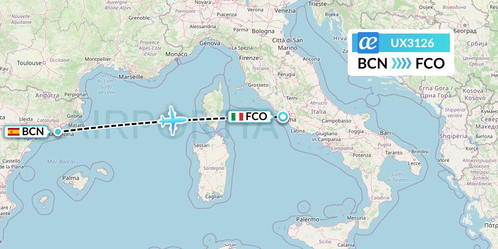 UX3126 Air Europa Flight Map: Barcelona to Rome