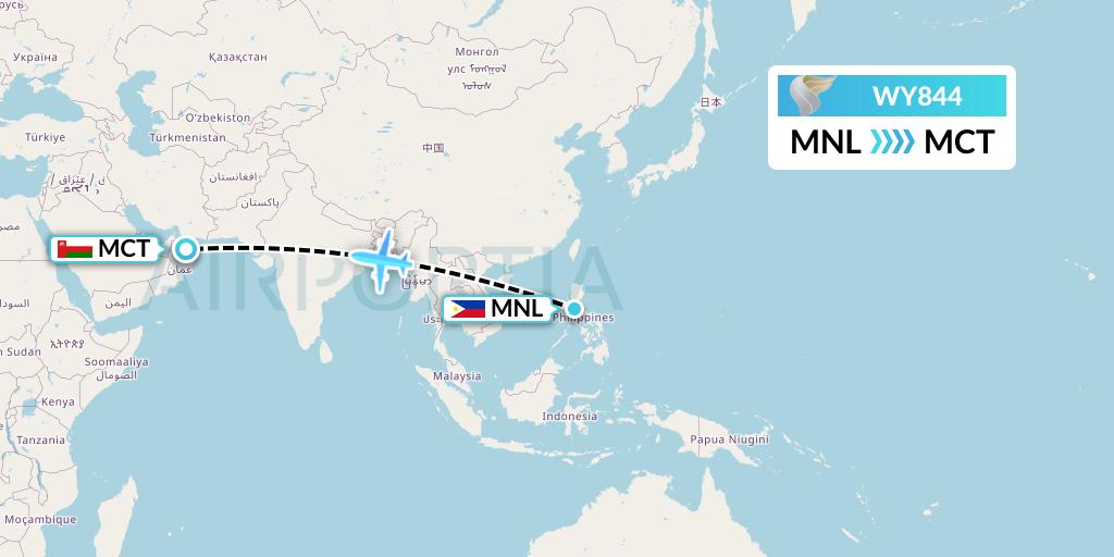WY844 Oman Air Flight Map: Manila to Muscat