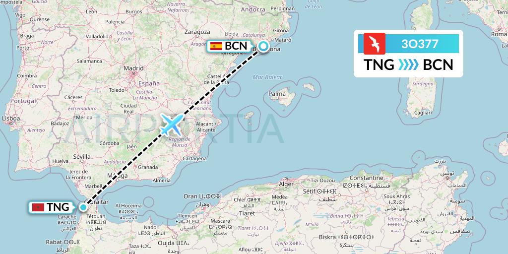 3O377 Air Arabia Maroc Flight Map: Tangier to Barcelona