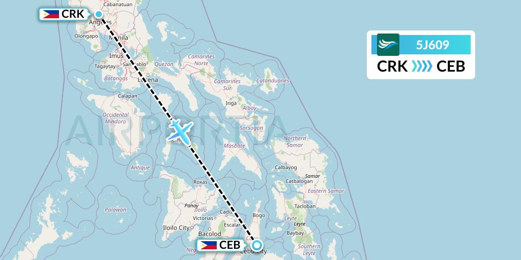 5J609 CEBU Pacific Air Flight Map: Angeles City to Cebu