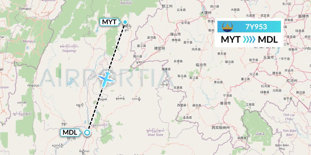 7Y953 Mann Yadanarpon Airlines Flight Map: Myitkyina to Mandalay