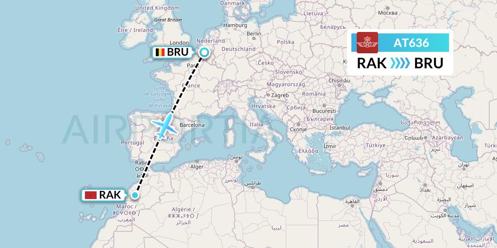 AT636 Royal Air Maroc Flight Map: Marrakesh to Brussels