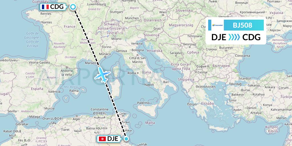 BJ508 Nouvelair Tunisie Flight Map: Djerba to Paris