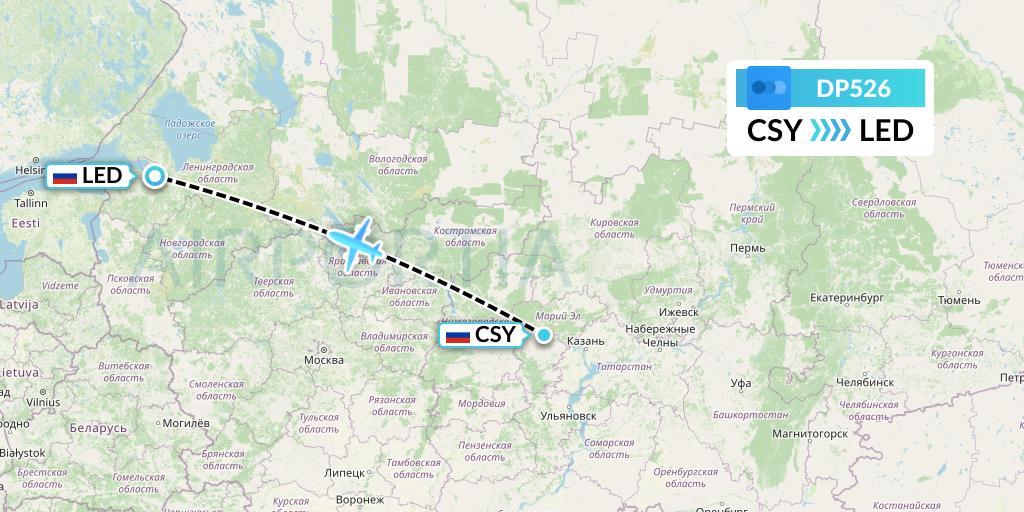 DP526 Pobeda Flight Map: Cheboksary to St. Petersburg