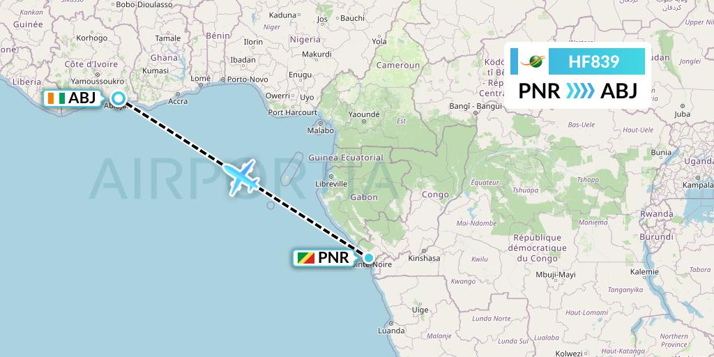 HF839 Air Cote d'Ivoire Flight Map: Pointe Noire to Abidjan