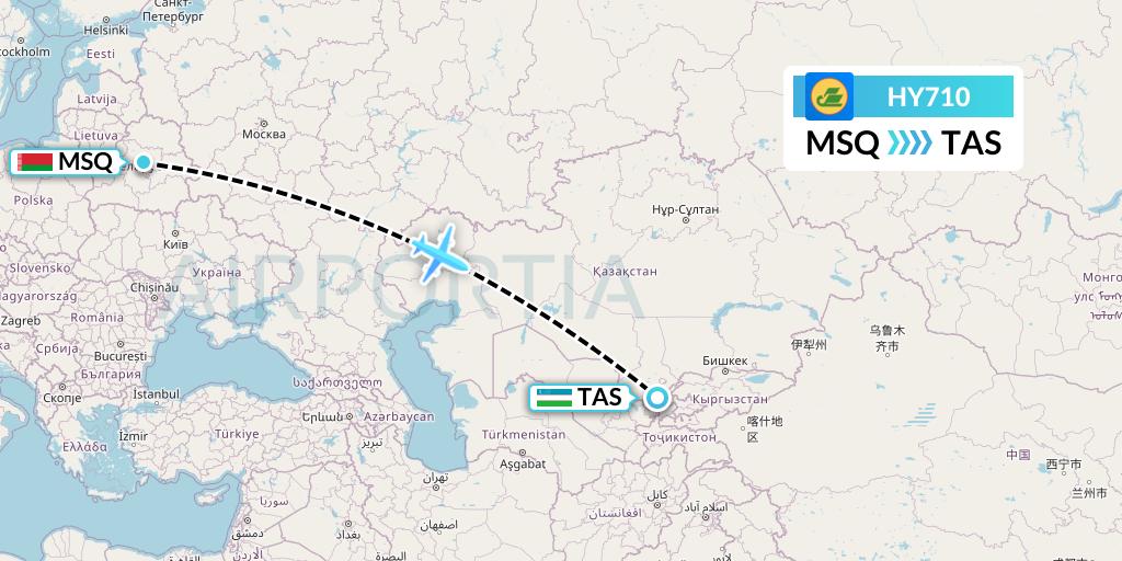 HY710 Uzbekistan Airways Flight Map: Minsk to Tashkent