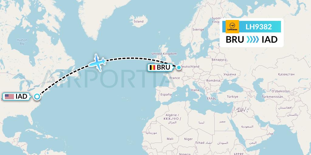 LH9382 Lufthansa Flight Map: Brussels to Washington