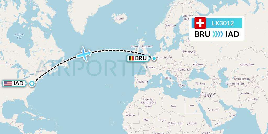 LX3012 Swiss Flight Map: Brussels to Washington