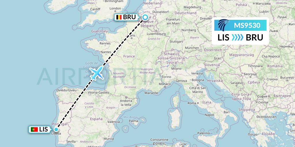 MS9530 EgyptAir Flight Map: Lisbon to Brussels