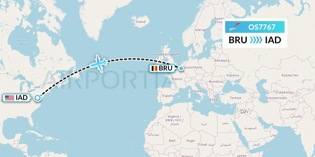 OS7767 Austrian Airlines Flight Map: Brussels to Washington