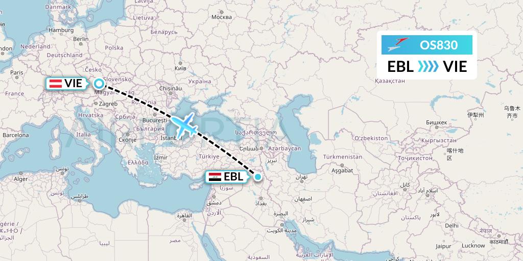 OS830 Austrian Airlines Flight Map: Arbil to Vienna