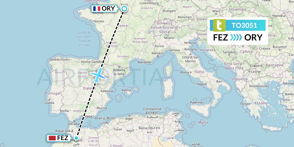 TO3051 Transavia France Flight Map: Fes to Paris