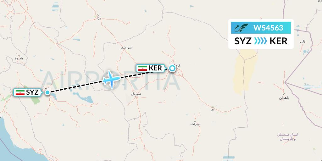 W54563 Mahan Air Flight Map: Shiraz to Kerman
