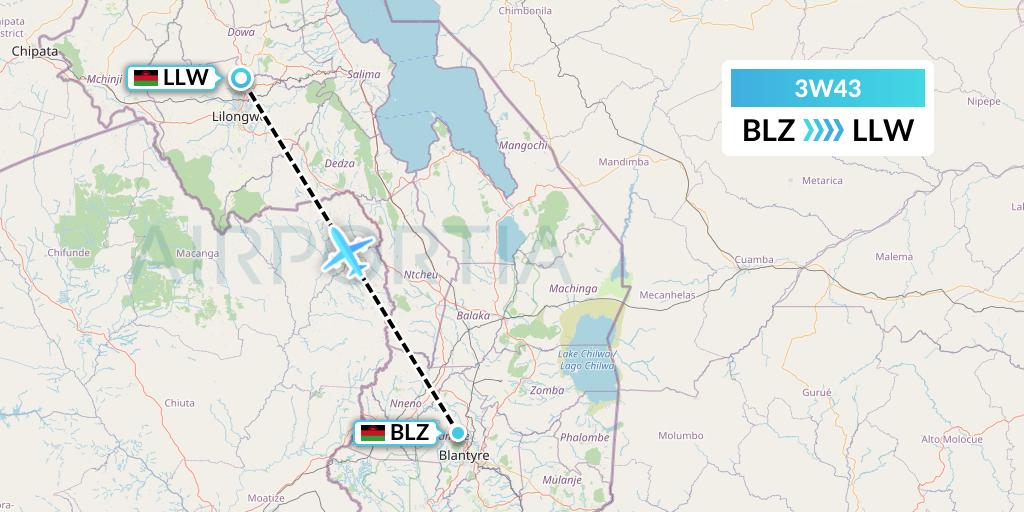 3W43 Malawian Airlines Flight Map: Blantyre to Lilongwe