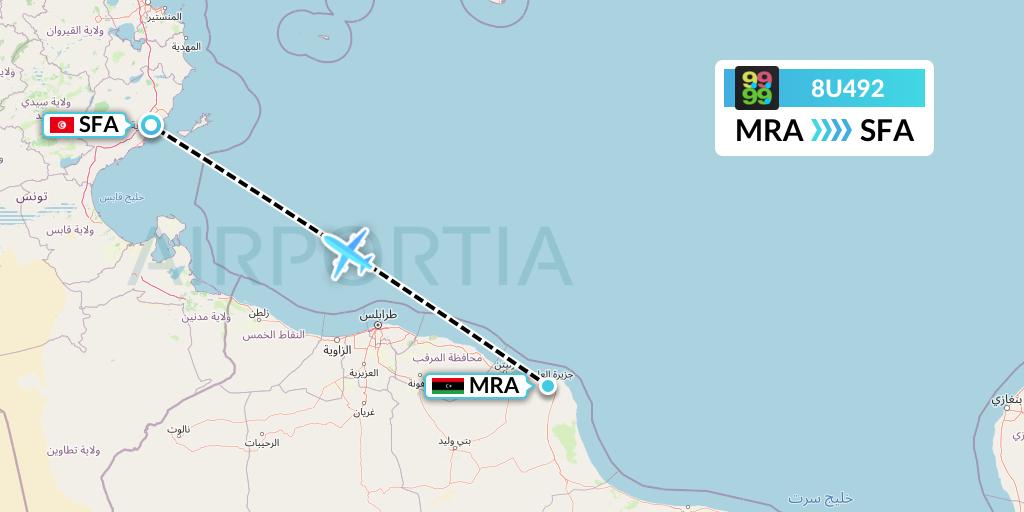 8U492 Afriqiyah Airways Flight Map: Misrata to Sfax