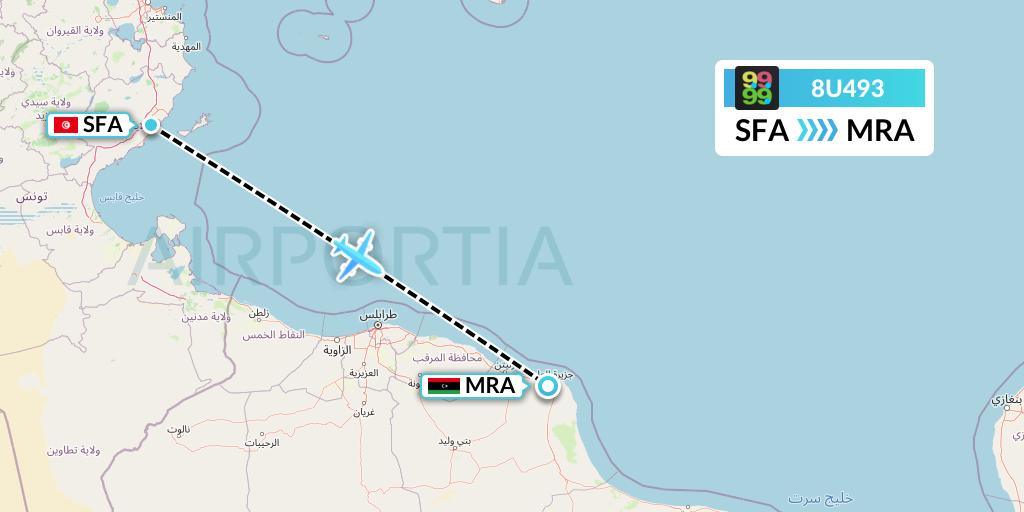 8U493 Afriqiyah Airways Flight Map: Sfax to Misrata