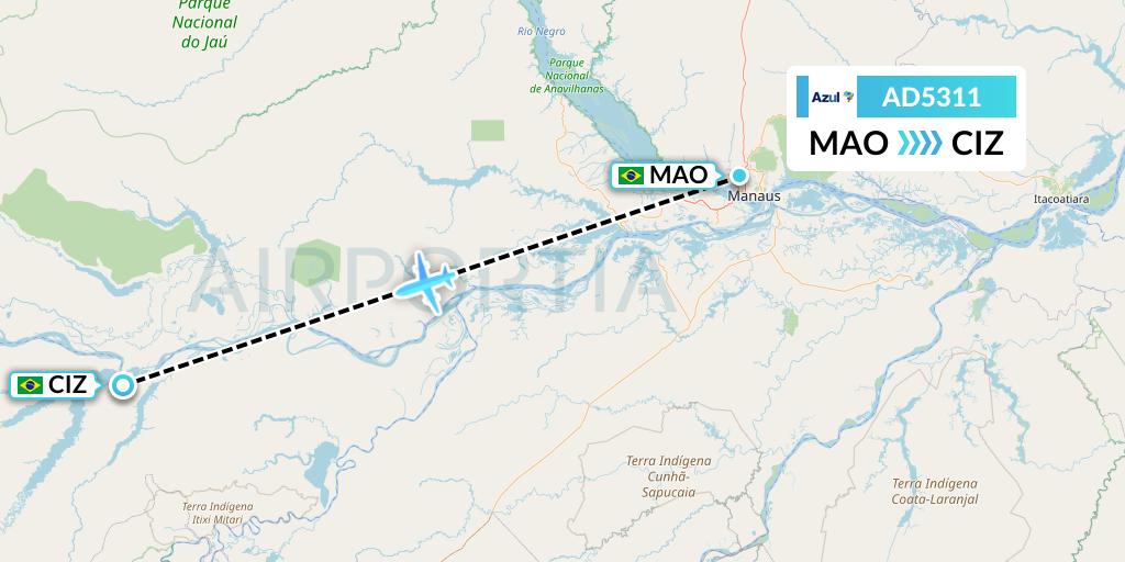 AD5311 Azul Brazilian Airlines Flight Map: Manaus to Coari