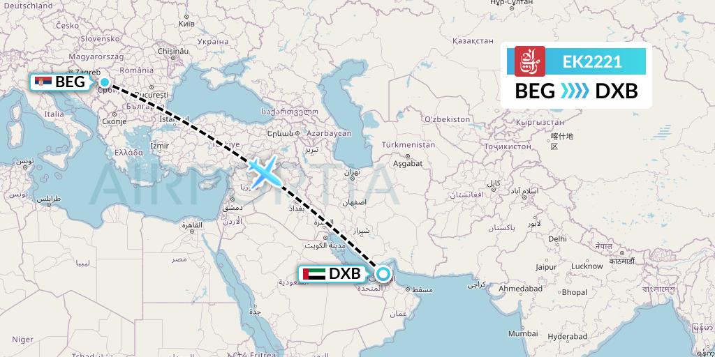EK2221 Emirates Flight Map: Belgrade to Dubai