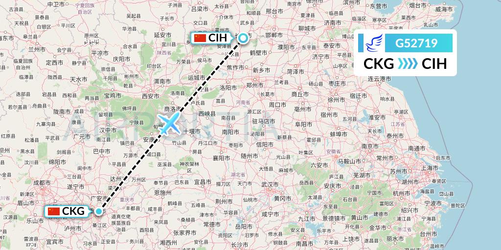 G52719 China Express Airlines Flight Map: Chongqing to Changzhi