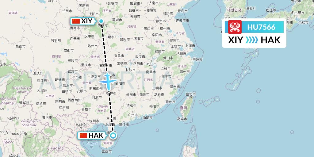 HU7566 Hainan Airlines Flight Map: Xi'an to Haikou