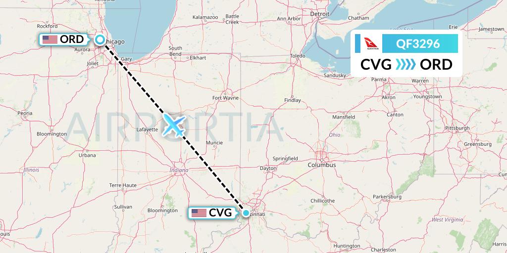 QF3296 Qantas Flight Map: Cincinnati to Chicago