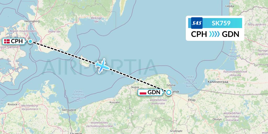 SK759 SAS Flight Map: Copenhagen to Gdansk