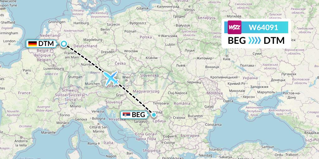 W64091 Wizz Air Flight Map: Belgrade to Dortmund