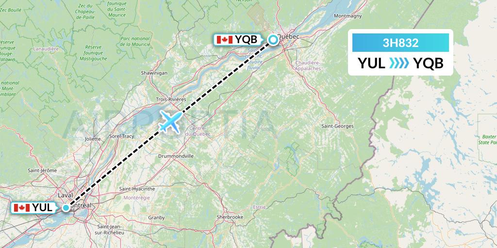 3H832 Air Inuit Flight Map: Montreal to Quebec