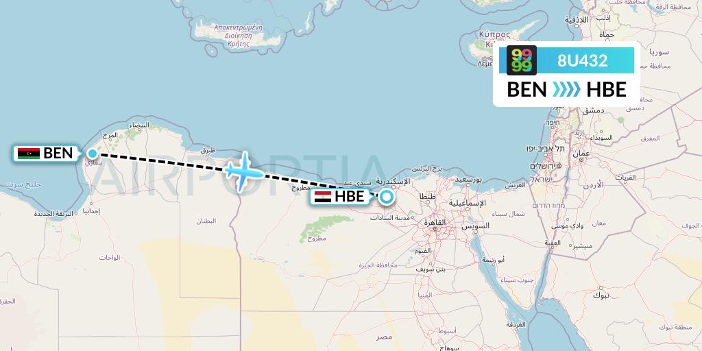 8U432 Afriqiyah Airways Flight Map: Benghazi to Alexandria