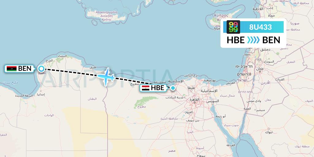 8U433 Afriqiyah Airways Flight Map: Alexandria to Benghazi