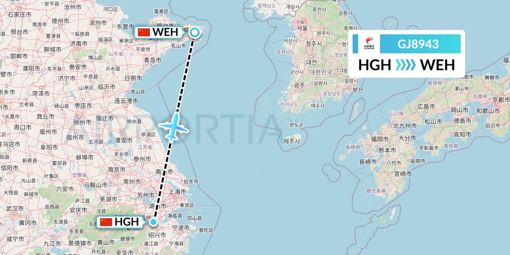 GJ8943 Loong Airlines Flight Map: Hangzhou to Weihai