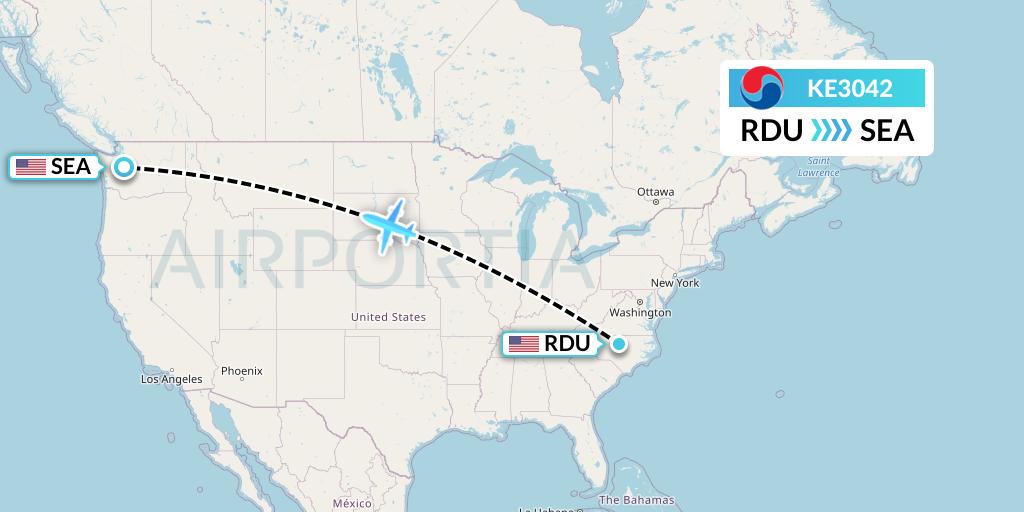 KE3042 Korean Air Flight Map: Raleigh-Durham to Seattle