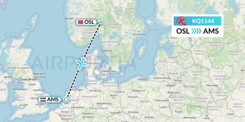 KQ1144 Kenya Airways Flight Map: Oslo to Amsterdam
