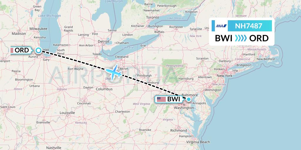 NH7487 All Nippon Airways Flight Map: Baltimore to Chicago