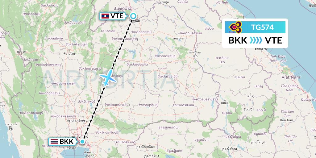 TG574 Thai Airways Flight Map: Bangkok to Vientiane