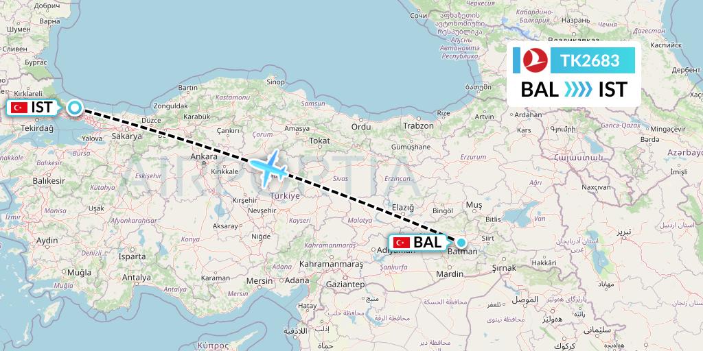 TK2683 Turkish Airlines Flight Map: Batman to Istanbul