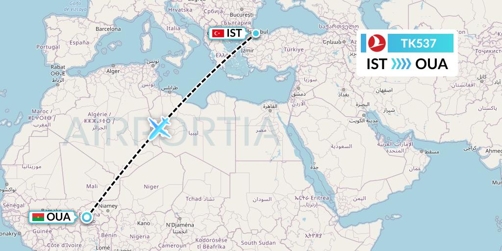 TK537 Turkish Airlines Flight Map: Istanbul to Ouagadougou