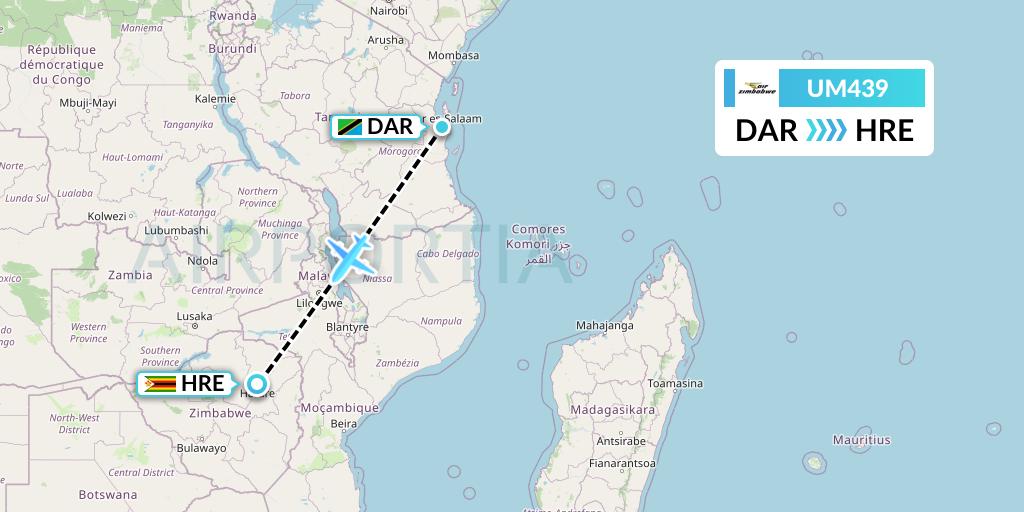 UM439 Air Zimbabwe Flight Map: Dar-es-Salaam to Harare