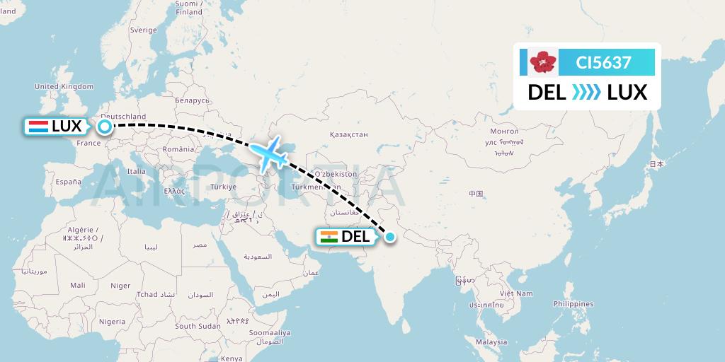 CI5637 China Airlines Flight Map: Delhi to Luxembourg